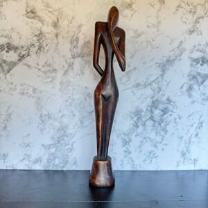 Abstract Wood Carving Sculpture, Thinking Woman Figurine, Modern Art Decor